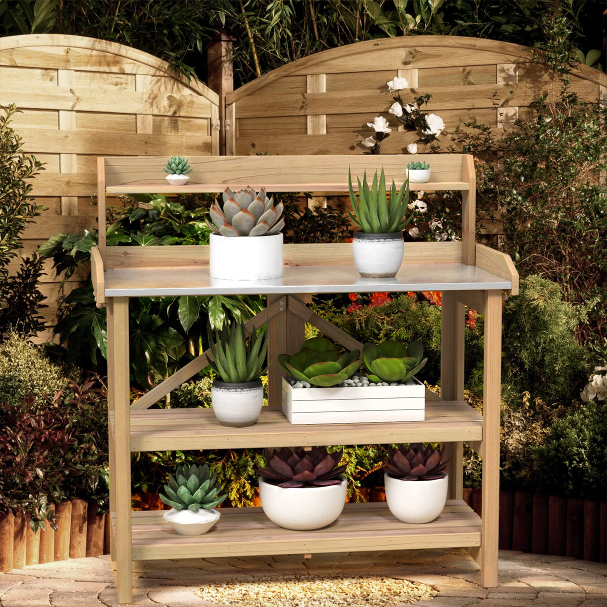 Giantex Garden Potting Bench, Galvanized Steel Top, 6 Hooks, 2 Tier Storage Shelves, Wood Workstation for Indoor Outdoor Gardening Planting Garage Tools, Potted Plant, Worktable 41.5"x19.5"x48" Giantex