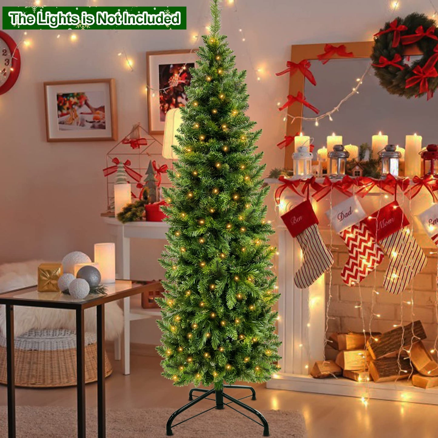 TURNMEON 5 Ft Pencil Christmas Tree with Thick 550 Tips, Metal Stand, Hinged Premium Realistic Spruce Green Branch Artificial Xmas Slim Tree Decor Home Indoor Outdoor Party