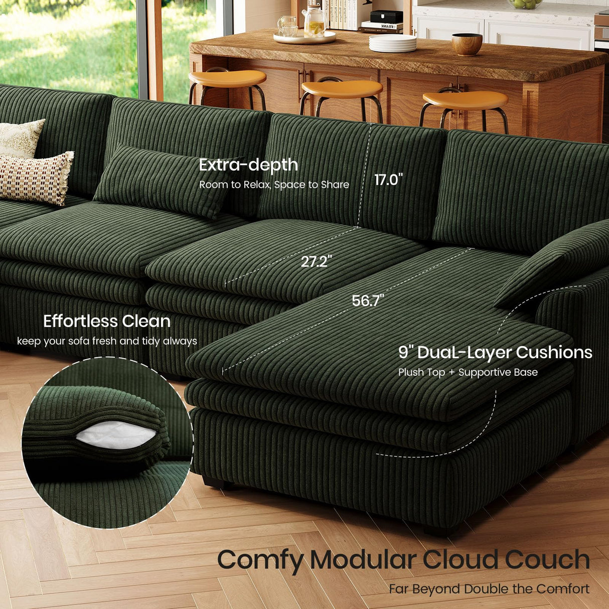 Belffin Large Modular Sectional Sofa with Deep Chaise, 104" Corduroy L Shaped Couch with 9" Soft Dual-Layer Seats Cushion for Living Room, Apartment, Green Belffin