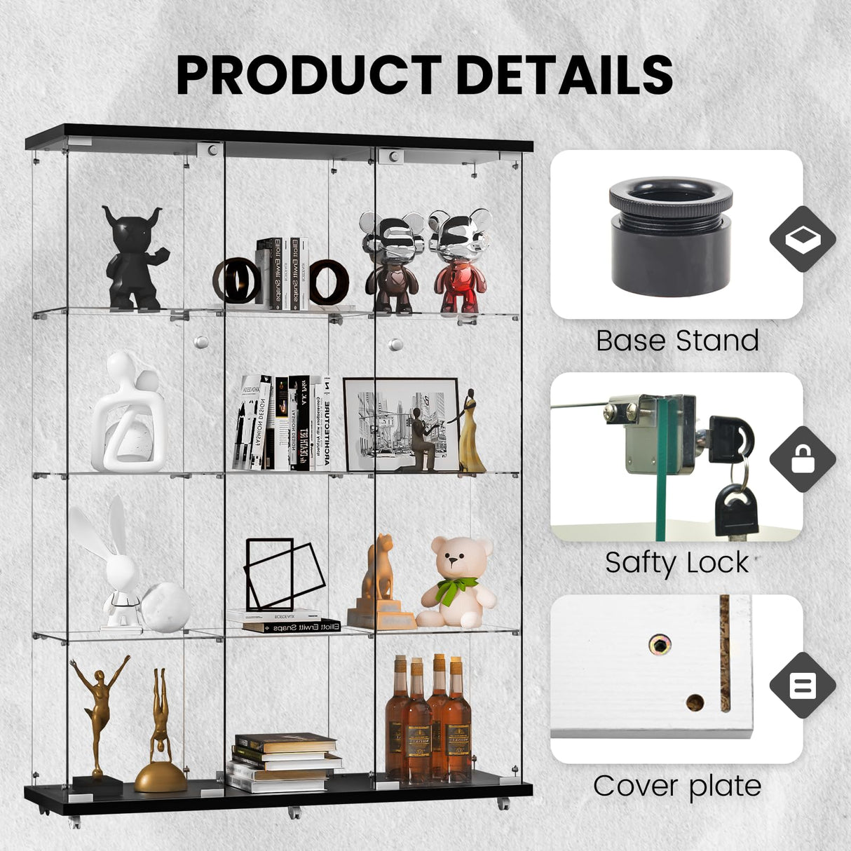 3-Column Display Cabinet with Glass Door and Lock, 12-Shelf Fast Installation in 30Mins Curio Cabinet with 5mm Tempered Glass Floor Standing Bookshelf for Bedroom, Living Room, 65'' x32'' x14'', Black GDJAASJI