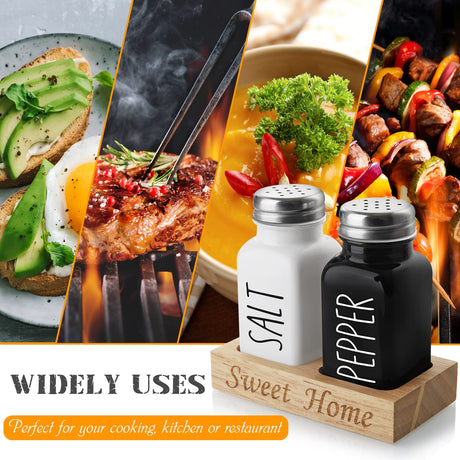 Salt and Pepper Shakers Set with Holder - Dopeca Glass Salt Shaker with Wood Caddy for Kitchen Counter or Table - Black and White Kitchen Decor and Wedding Gifts -2.7 oz dopeca