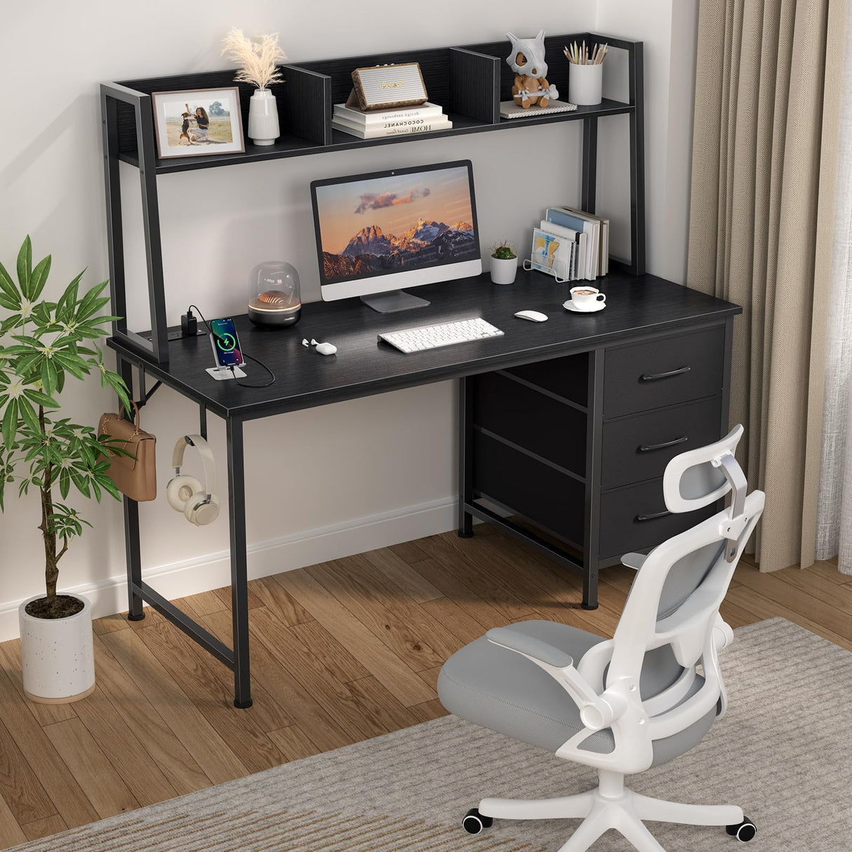 DLISITING Computer Desk with Hutch & Drawers - Office Study Writing 47 Inch Desk with 3 Drawers Storage Power Outlets, Modern Desk for Bedroom Home Office Black DLISITING