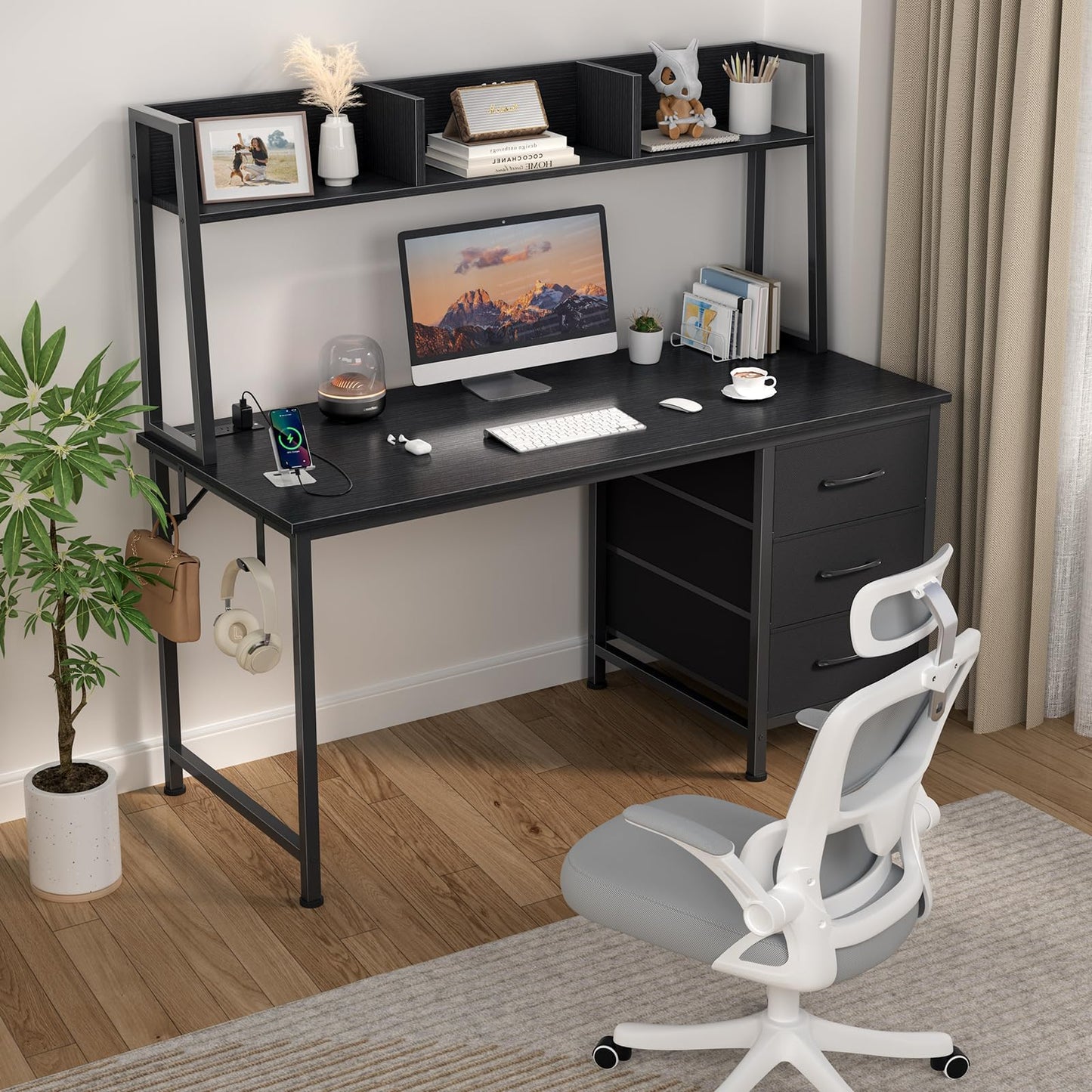 DLISITING Computer Desk with Hutch & Drawers - Office Study Writing 47 Inch Desk with 3 Drawers Storage Power Outlets, Modern Desk for Bedroom Home Office Black