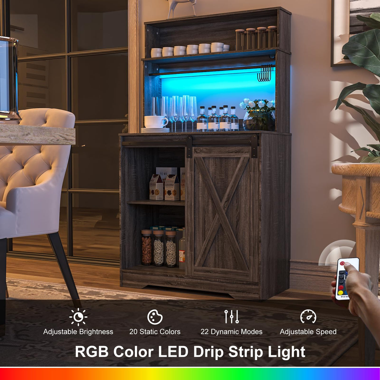 Linkriseed Farmhouse Coffee Bar Cabinet with LED Light, 55 Inch Bakers Rack with Storage, Large Coffee Bar Hutch with 6 Hooks and Sliding Barn Door for Living Dining Room, Dark Gray Linkriseed