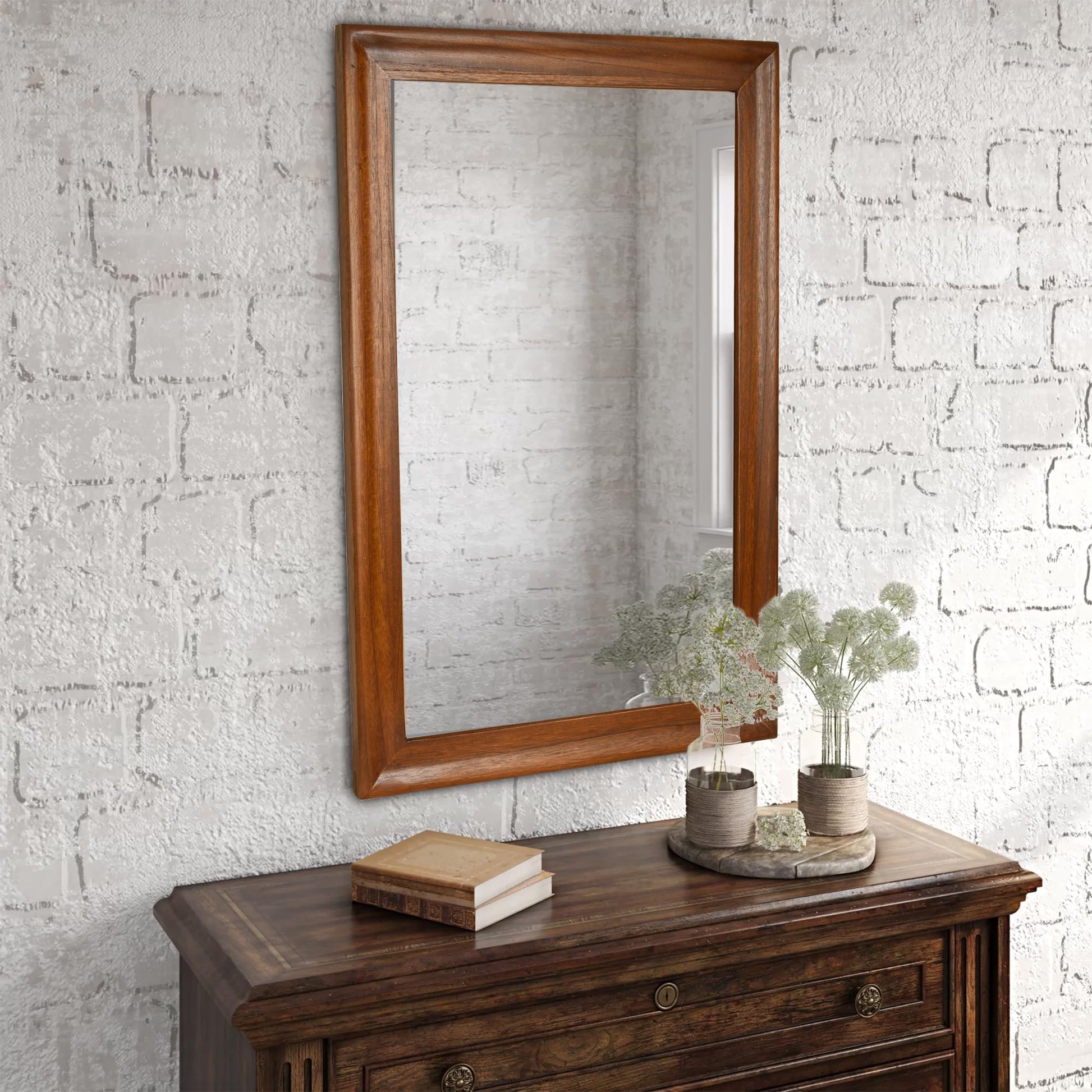 CULER Rustic Wood Wall Mirror for Bathroom,Rectangle 24 x 36 inch Hanging vatiny Mirrors with Wooden Frame for Living Room,Bedroom,Entryway(Walnut Brown) - WoodArtSupply