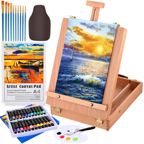 Tabletop Easel Acrylic Paint Set, 40 Pack Painting Kits for Adults, Painting Supplies with 24 Acrylic Paints, 10 Brushes, Art Easel, Paint Palette, Canvas, Paint Set Gifts for Students Artist Beginner Goldge