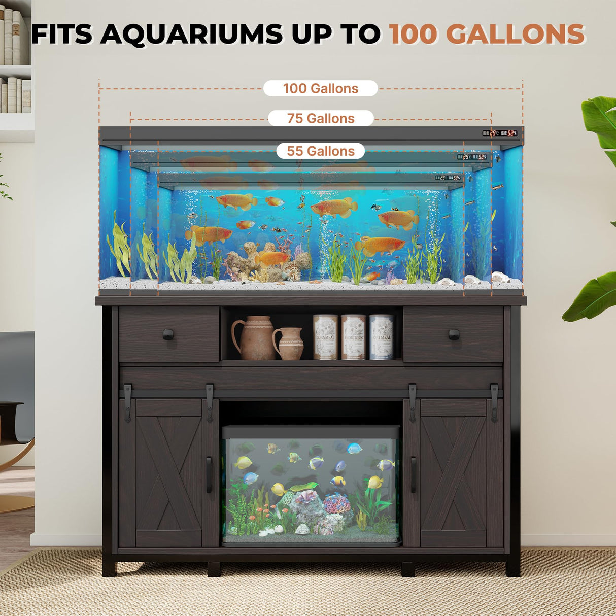 Miereirl 55-75 Gallon Fish Tank Stand with Power Outlet – Heavy Duty Aquarium Stand, Rustic Farmhouse Style, 800 lb Capacity, Adjustable Storage & Sliding Barn Doors, Dark Brown Miereirl