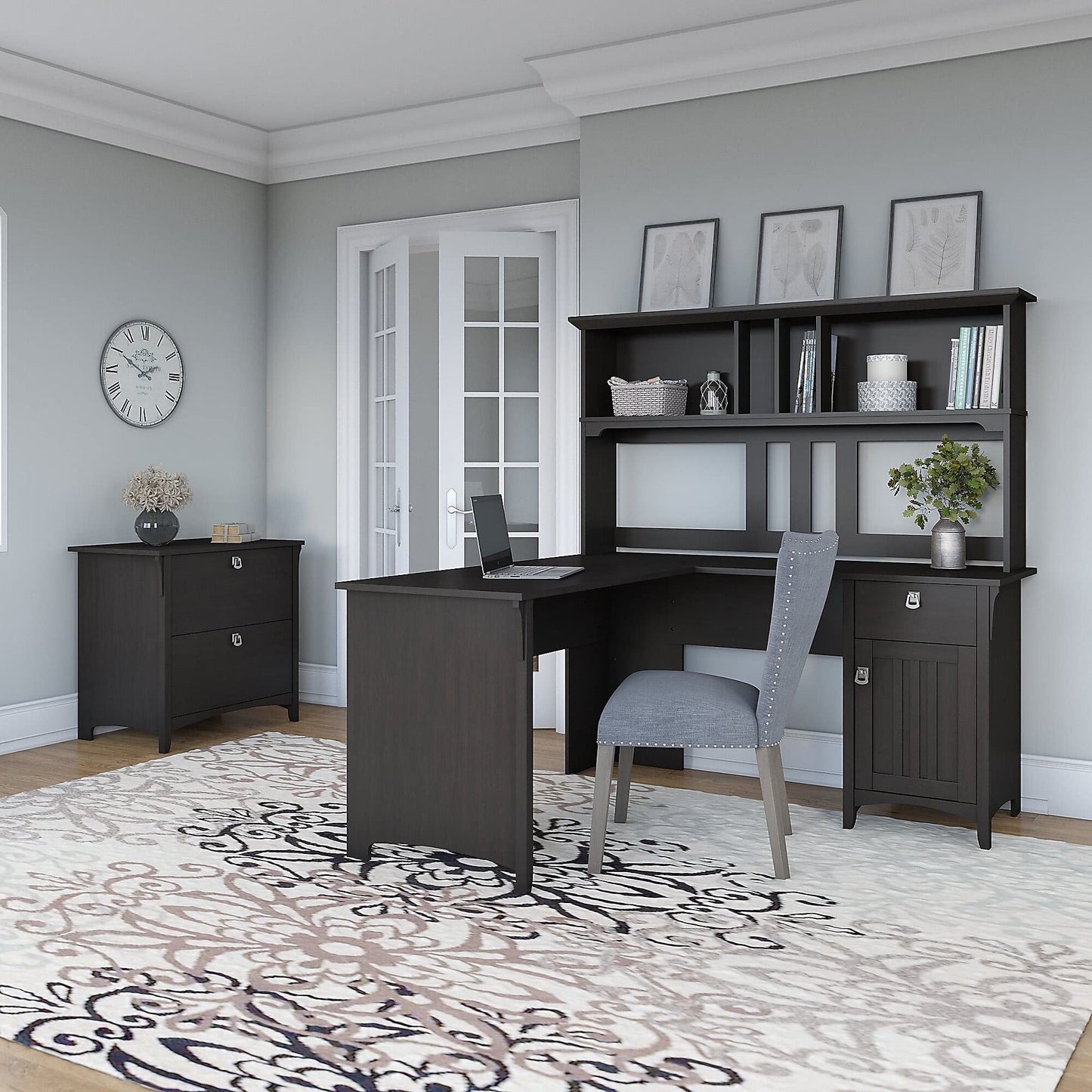 Bush Furniture Salinas 60W L Shaped Desk with Hutch and Lateral File Cabinet in Vintage Black - WoodArtSupply