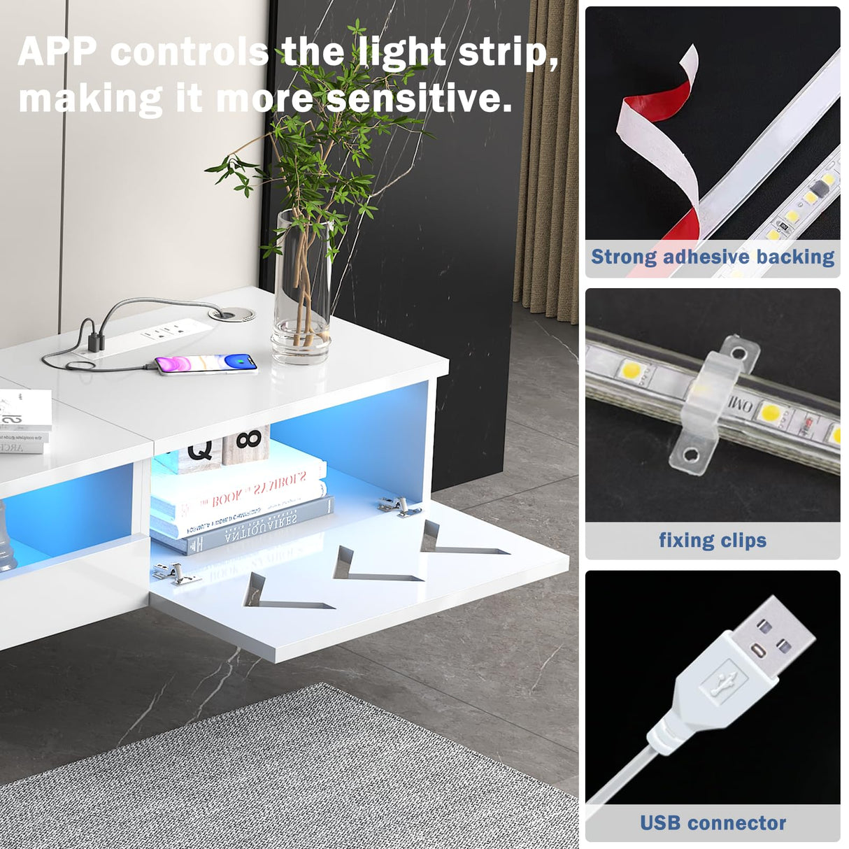 ANTISTA Floating TV Stand, 71" Floating Entertainment Center Wall Mounted,Floating Wall Mounted TV Shelf with Led Lights and Power Outlet,Modern High Gloss tv Cabinet Media Console with Storage ANTISTA