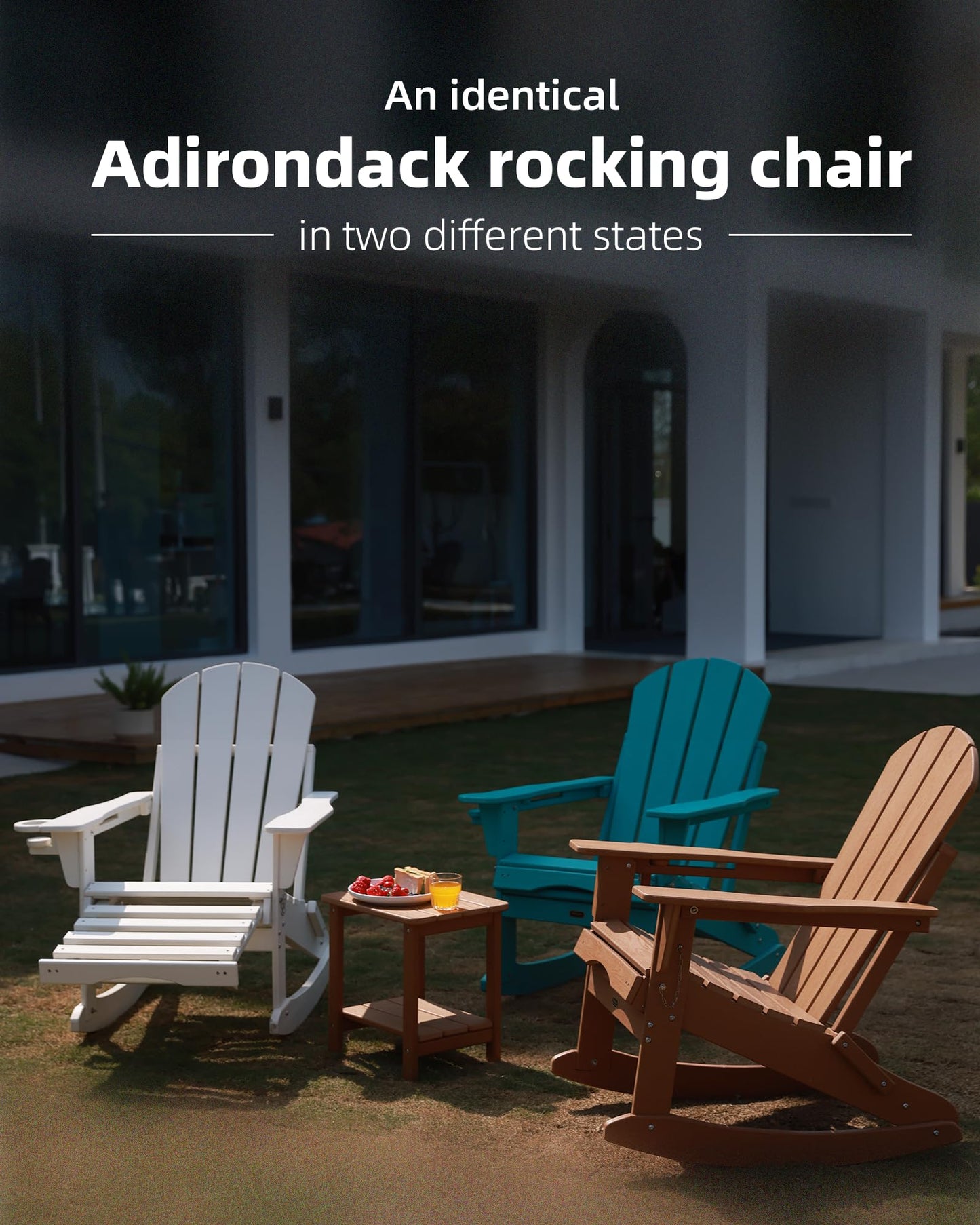 Serique 4-in-1 Multifunctional Folding Adirondack Rocking Chair, Patio Chair with Retractable Ottoman, Outdoor Chair Wood Texture, Lawn Chair for Porch, Backyard, Pool(Teak) - WoodArtSupply