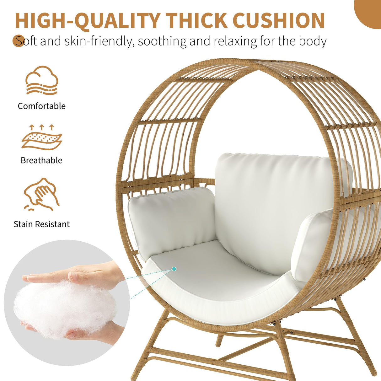 Fancyango Egg Chair Outdoor Indoor, Oversized Rattan Chair with Thicken Cushion, 510LBS Capacity Wicker Patio Lounge Chair, Basket Chair for Living Room Balcony Porch Backyard, Beige Fancyango