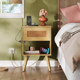 WLIVE Rattan Nightstand with Charging Station, Boho Night Stand, Small Bedroom Side Table, End Table with Drawer and Storage, Wood Bedside Table for Bedroom, Small Spaces, Natural Oak WLIVE