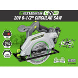 Genesis G20MAX 20V Cordless Circular Saw 6-1/2 inch with Laser & LED Light, Includes 24TCT thin-kerf blade, 2.0Ah Battery and Charger, 2 Year Warranty (GLCS2065B) Genesis