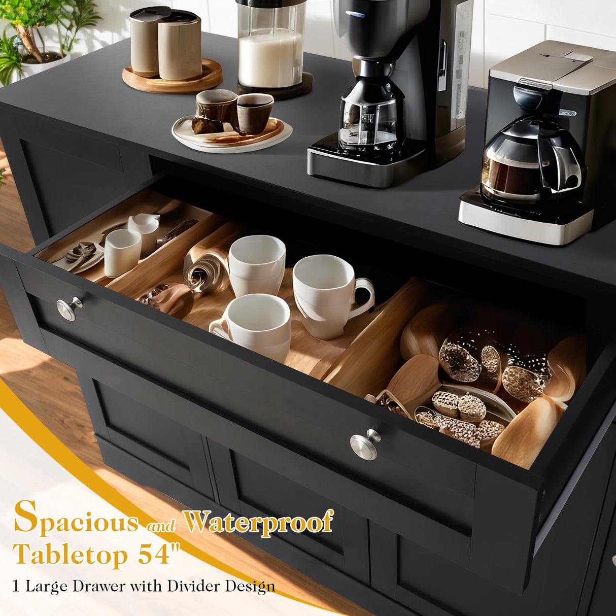 MAIBH 54" Buffet Cabinet with Drawer, Modern Kitchen Pantry Sideboard Storage Cabinets with 4 Doors and Adjustive Shelves, Coffee Bar Cabinet Buffet Table with Large Storage for Living Room (Black) MAIBH