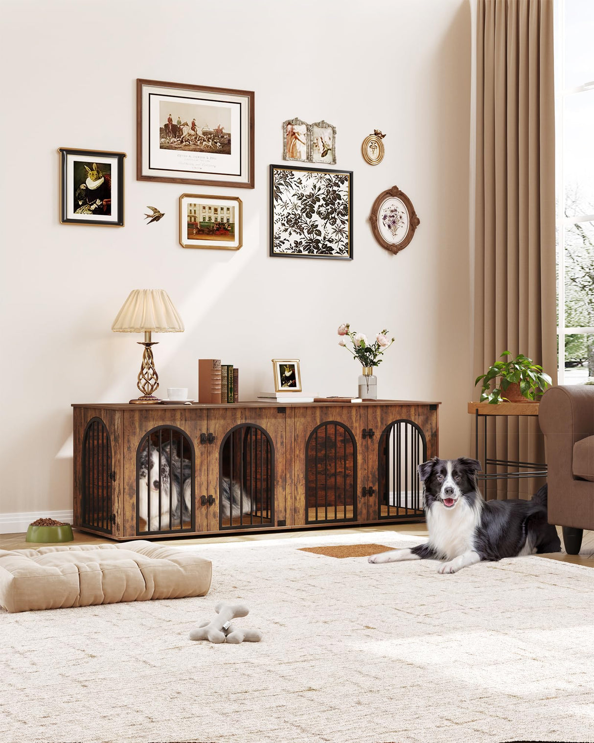 Hzuaneri 71" Dog Crate Furniture for 2 Dogs, Heavy Duty Indoor Dog Kennel TV Stand, XXL Wooden Dog Cage with Divider for Medium Large Dogs, End Table Dog Crate with Cushion, Rustic Brown DFC81901B Hzuaneri