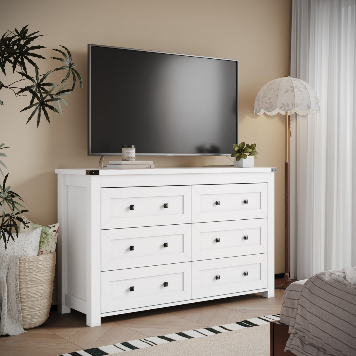 Dresser for Bedroom with 6 Drawers, Farmhouse Wood Chest of Drawers, Wide TV Stand Closet Storage Furniture with Metal Handle, Modern Clothes Organizer for Hallway, Living Room, Entryway, White Xixini