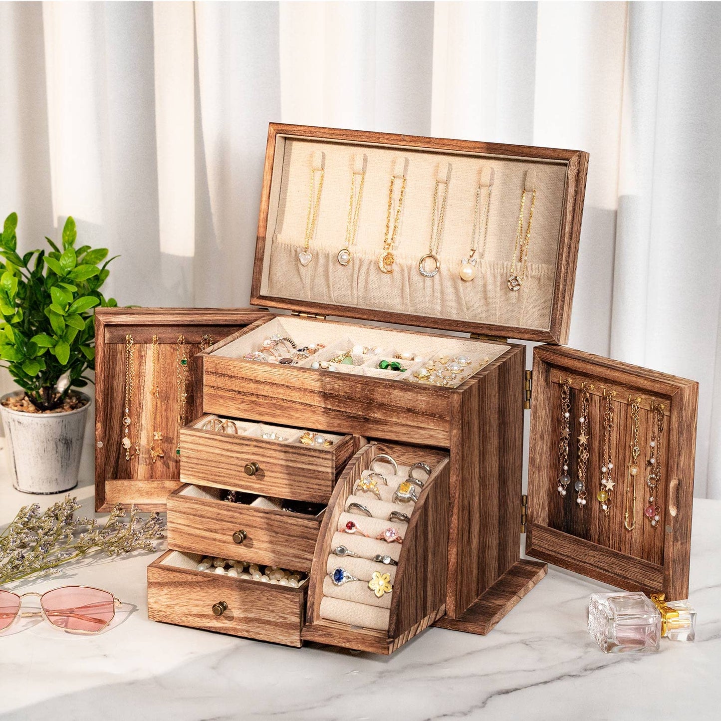 Poyilooo Jewelry Box Organizer, Solid Wood Jewelry Boxes for Women for Storage & Display Necklace Ring Earring Bracelet, Rustic Style Jewelry Organizer Box for Women Gifts (Carbonized Brown) - WoodArtSupply