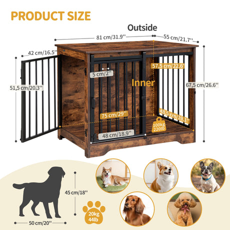 Hzuaneri Dog Crate Furniture, 32" Double Door Dog Crate with Barn Door, Dog Kennel Indoor, End Side Table Wooden Dog Crate for Small Medium Large Dog, Anti-Chew Anti-Escape, Rustic Brown DFC83601B Hzuaneri