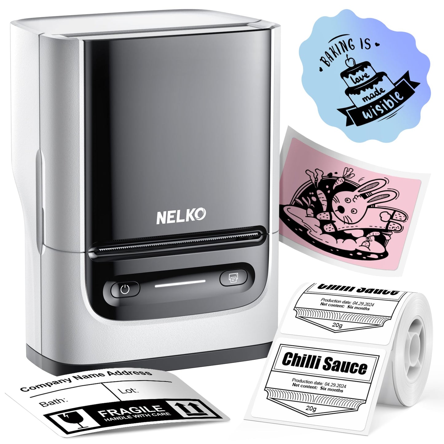 Nelko Label Maker Machine with Tape, PM220 Bluetooth Label Printer, 2 Inch Portable Thermal Printer for Small Business, Address, Logo, Clothing, Sticker Printer for Phones & PC, 1 Count, White