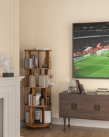 4-Tier Solid Wood Rotating Bookshelf on Wheels, 360° Spinning Book Shelf Tower, Round Revolving Bookcase Organizer, Rolling Bookshelves for Small Spaces, Corner, Bedroom, Kids Room, Office, Walnut IUNVR