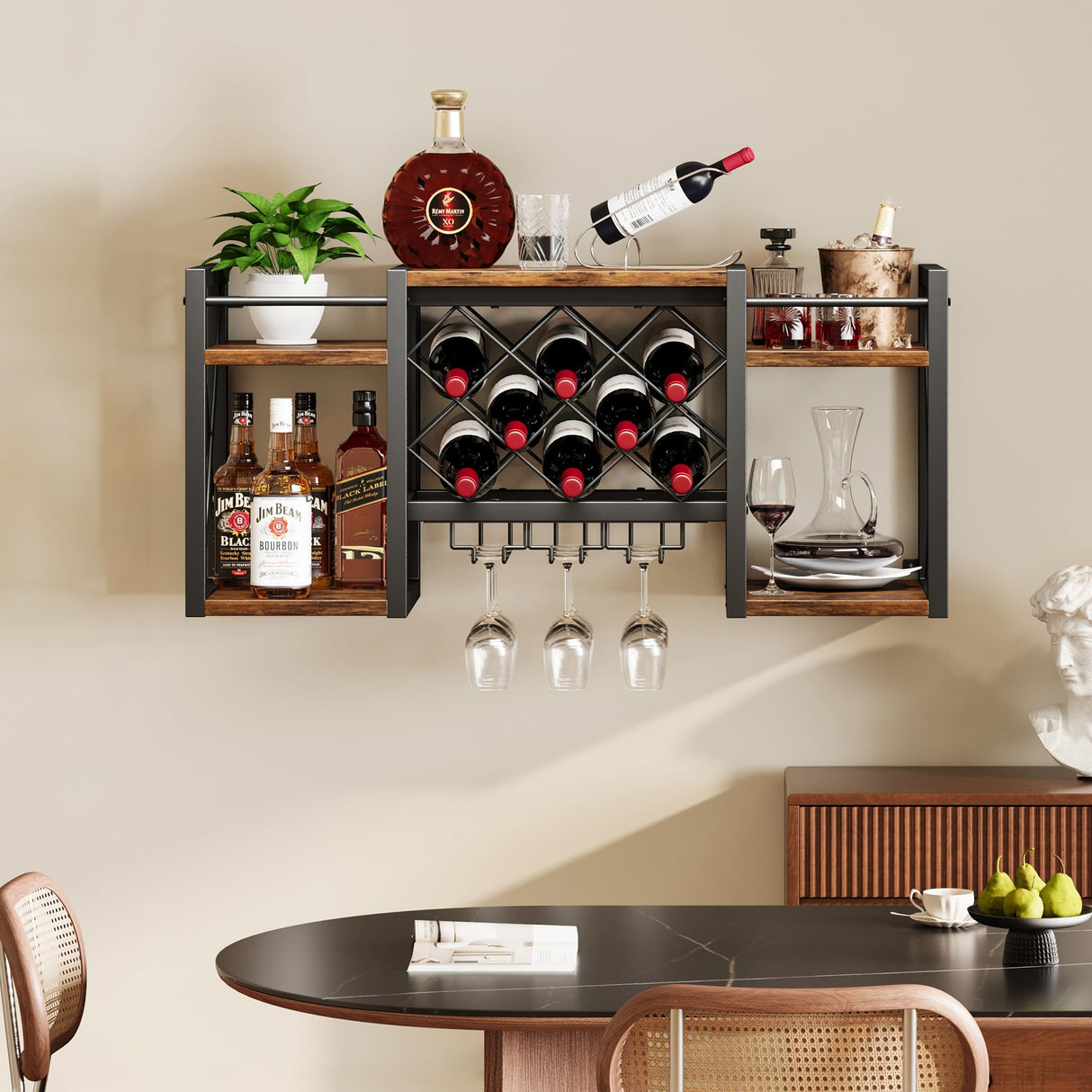 Homeiju Wall Mounted Wine Rack with Glass Holder, Wood-Metal Retro Bar Shelf, Wine Bottles Display Wall Storage for Kitchen Dining Room Home Bar Homeiju