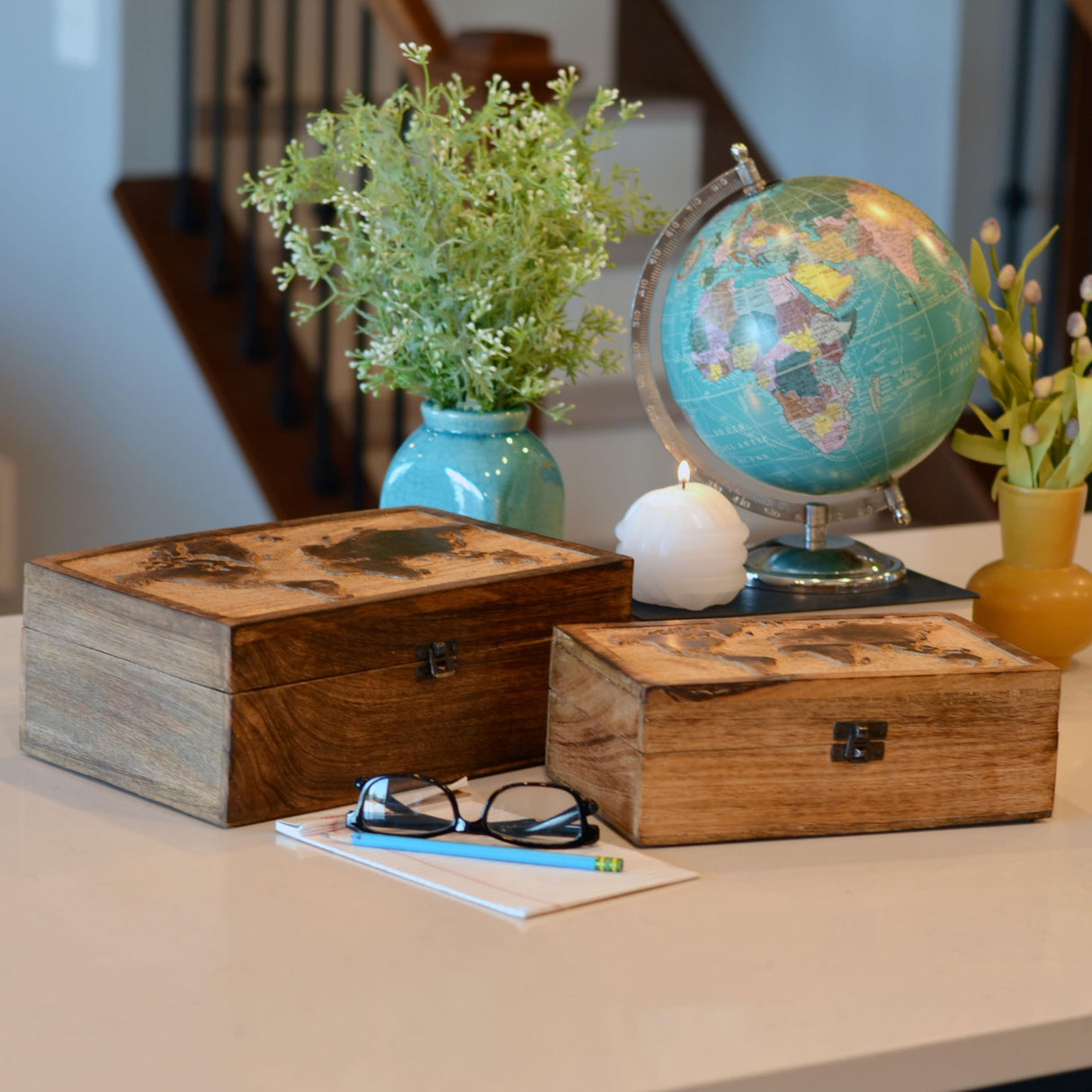 WHW Whole House Worlds World Map Boxes, Set of 2, Handmade, Mango Wood, Decorative, Raised Relief Details, 11.75 Inches WHW Whole House Worlds