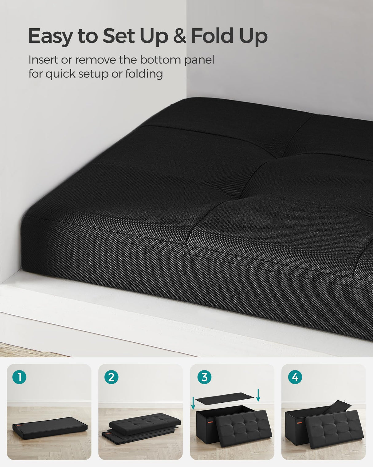 SONGMICS Mazie Collection - 30 Inches Folding Storage Ottoman Bench, Ottoman Foot Rest, End of Bed Bench, Storage Chest, Load 660 lb, for Living Room, Bedroom, Entryway, Ink Black ULSF047B01 SONGMICS