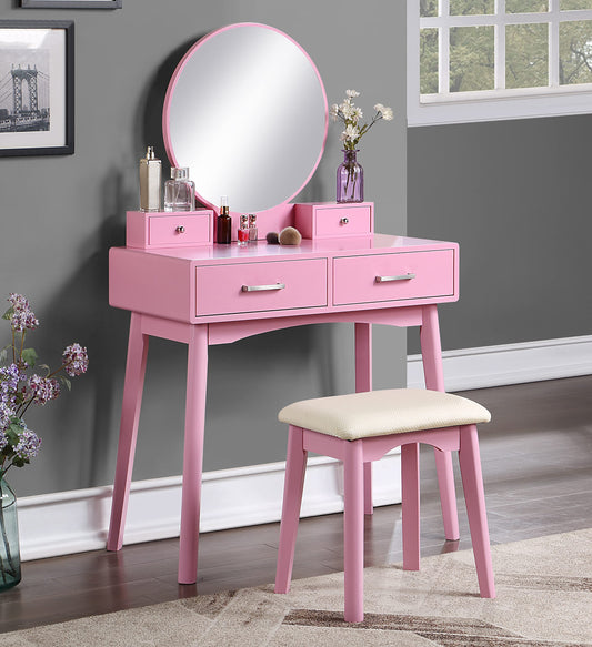 Roundhill Furniture Liannon Contemporary 4-Drawer Wood Vanity and Stool Set, Pink