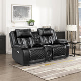 Lexicon Wall Hugger Power Double Reclining Loveseat with Console, Faux Leather Home Theater Seating with LED Lighting, Charging Ports, Bluetooth Speaker Wireless, Cup Holders, Hidden Storage, Black Lexicon