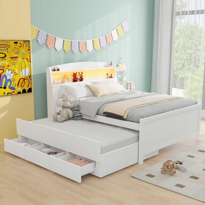 Harper & Bright Designs White Full Size Bed with Trundle, LED Bookcase Headboard and Storage Drawers - WoodArtSupply