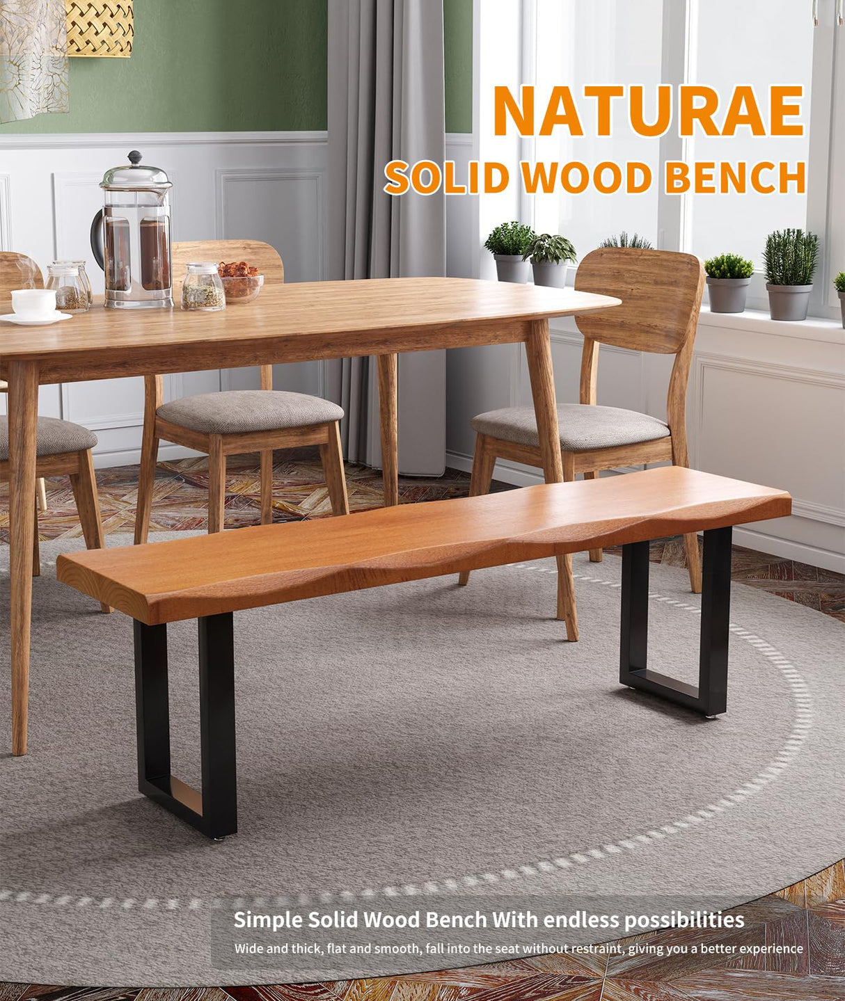 FKCSV Modern Rustic Solid Wood Bench with Black Metal Legs, Industrial Farmhouse Style, Natural Wood Finish FKCSV