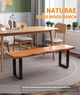 FKCSV Modern Rustic Solid Wood Bench with Black Metal Legs, Industrial Farmhouse Style, Natural Wood Finish FKCSV