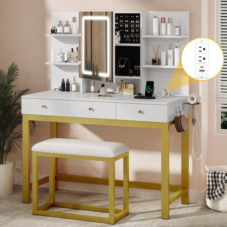 YITAHOME Vanity Desk with LED Lights Mirror & Power Outlets, Makeup Table Set with 3 Adjustable Lighting Modes, Open Shelves and Hidden Storage, Stool, Hooks and Hair Dryer Holder for Bedroom, White YITAHOME