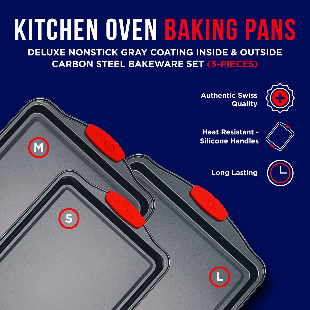 Baking Pan Set – 3 Piece Cookie Sheet – Deluxe Black Non-Stick Carbon Steel – Silicone Handles – Commercial Grade Restaurant Quality – PFOA PFOS and PTFE Free by Bakken BAKKENMASTER