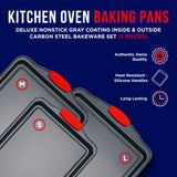 Baking Pan Set – 3 Piece Cookie Sheet – Deluxe Black Non-Stick Carbon Steel – Silicone Handles – Commercial Grade Restaurant Quality – PFOA PFOS and PTFE Free by Bakken BAKKENMASTER