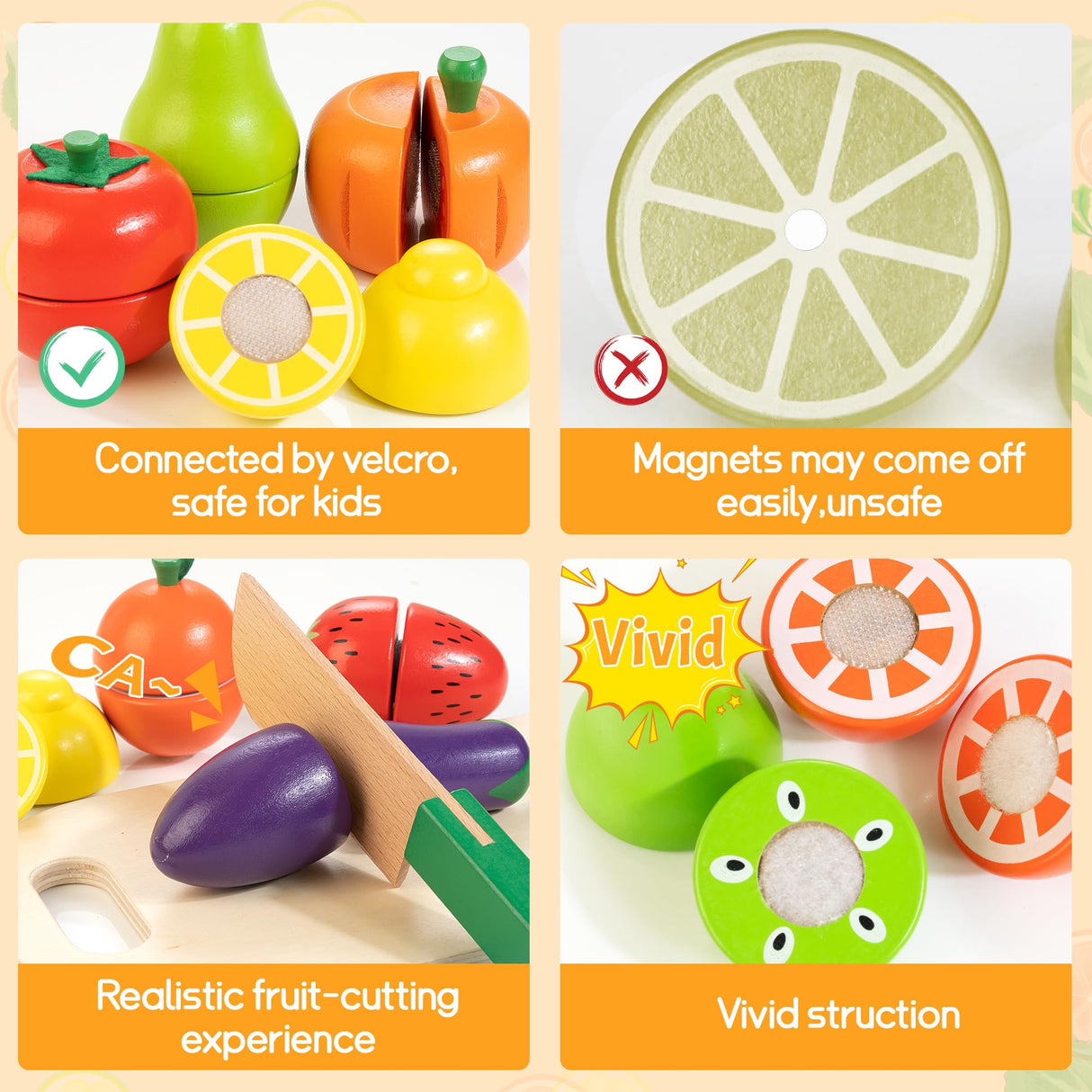 Wooden Play Food for Toddlers, Velcro Fruit and Veggies Cutting Set for Kids, Pretend Food Play Kitchen Accessories for 3 4 5 6 7 Years Old Boys & Girls WOODMAM