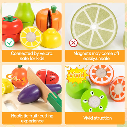Wooden Play Food for Toddlers, Velcro Fruit and Veggies Cutting Set for Kids, Pretend Food Play Kitchen Accessories for 3 4 5 6 7 Years Old Boys & Girls