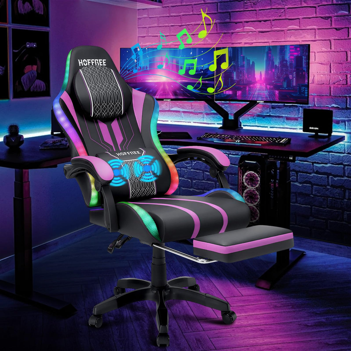 HOFFREE LED Gaming Chair Massage with Speakers Game Chair Big and Tall with Footrest Gamer Chair for 400lbs Computer Desk Chair for Adults Purple and Black HOFFREE