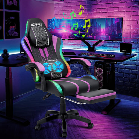 HOFFREE LED Gaming Chair Massage with Speakers Game Chair Big and Tall with Footrest Gamer Chair for 400lbs Computer Desk Chair for Adults Purple and Black HOFFREE