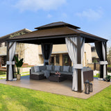 PAMAPIC 12'x14' Hardtop Gazebo, Double Roof Canopy with Netting and Curtains,2-Tier Hardtop Gazebo with Galvanized Iron Aluminum Frame, GardenTent for Backyard, Parties, Garden, Brown Pamapic