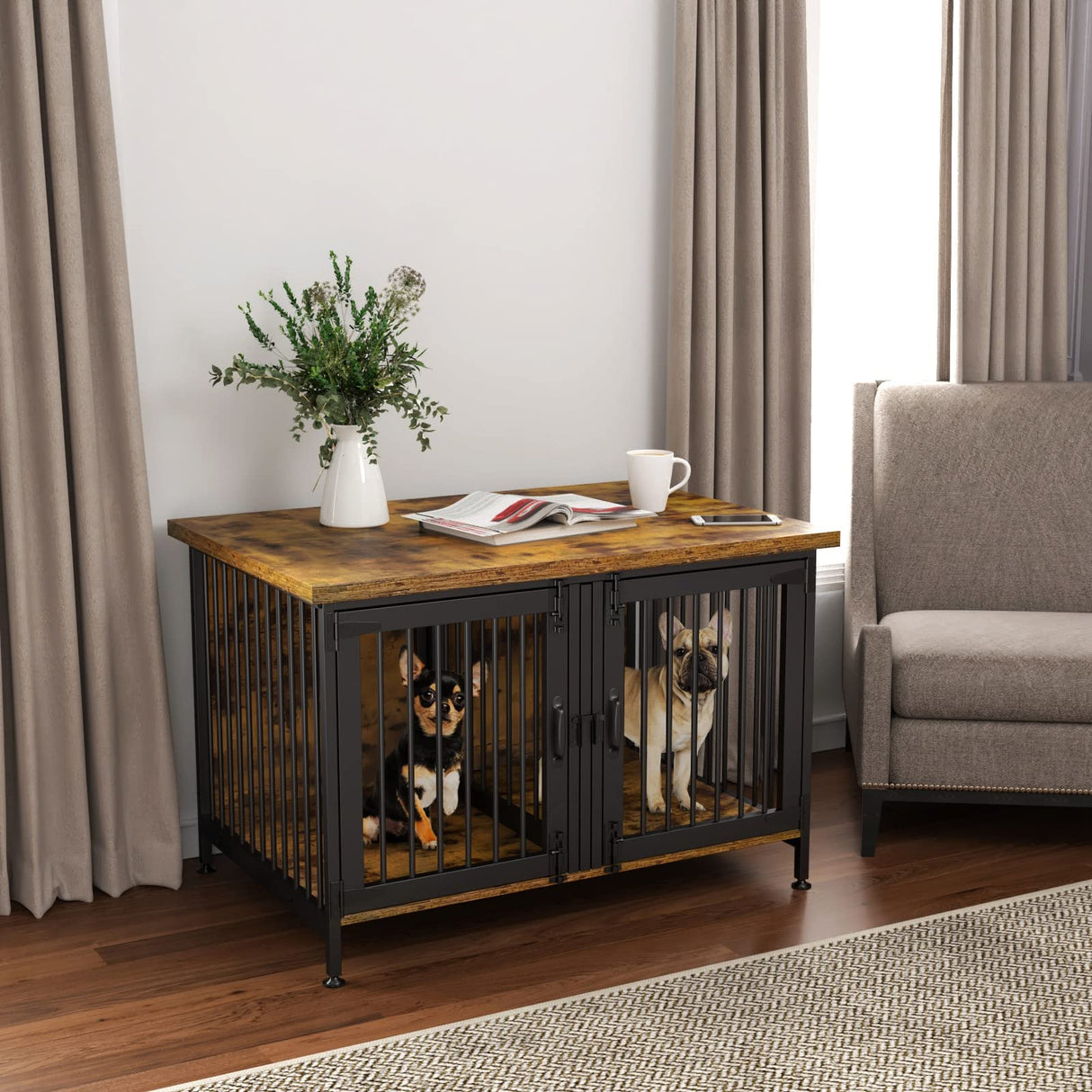 GDLF Double Dog Crate with Divider for 2 Small Dogs or 1 Dog, Furniture Style Kennel Indoor Cage with Removable Panel (Int.dims:36.2”Wx24.5”Dx21”H) GDLF