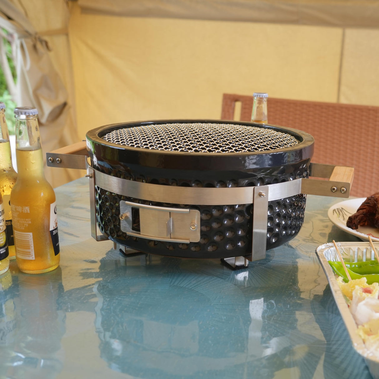 AUPLEX Yakitori Ceramic Charcoal Grill, Japanese Style Tabletop BBQ With Bamboo Heat Shield For Indoor/Outdoor, Round, DIA-14” AUPLEX