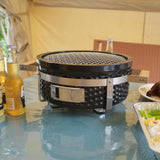 AUPLEX Yakitori Ceramic Charcoal Grill, Japanese Style Tabletop BBQ With Bamboo Heat Shield For Indoor/Outdoor, Round, DIA-14” AUPLEX