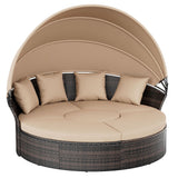 Crownland Round Outdoor Daybed with Retractable Canopy,Patio Daybed with Washable Cushions, Clamshell Sectional Seating, Wicker Furniture for Patio, Garden, Pool (Light Brown) Crownland