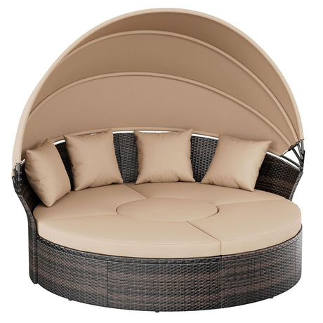 Crownland Round Outdoor Daybed with Retractable Canopy,Patio Daybed with Washable Cushions, Clamshell Sectional Seating, Wicker Furniture for Patio, Garden, Pool (Light Brown) Crownland