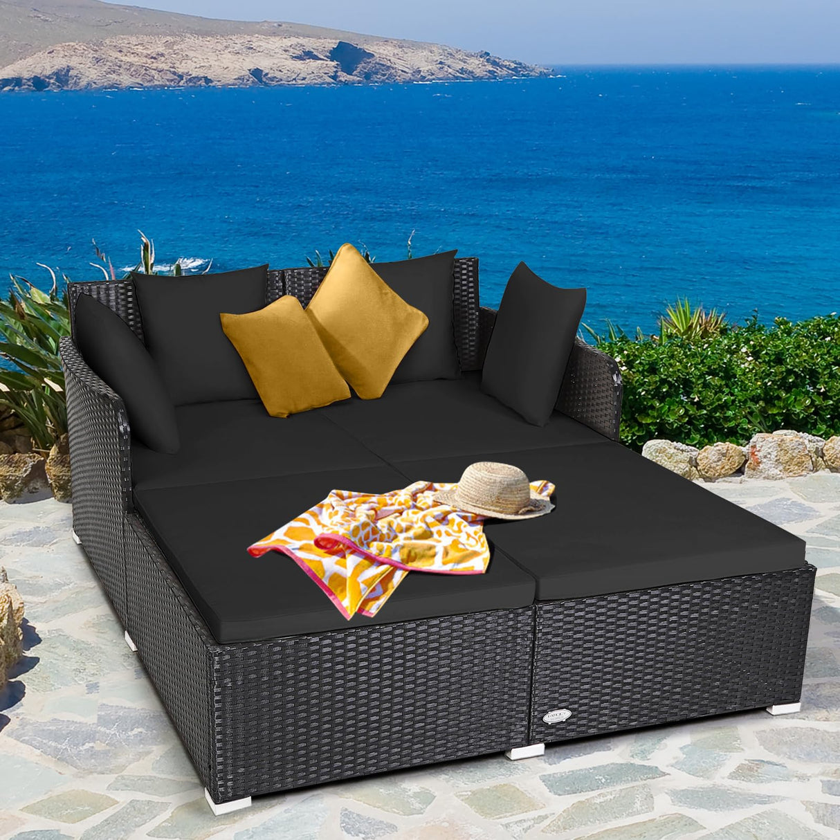 Tangkula Outdoor Rattan Daybed, Wicker Furniture with Spacious Seat, Upholstered Cushion & High-Resilience Sponge, Patio Sofa Set with 4 Pillows, 2-Person Sunbed for Poolside Backyard Garden & Balcony Tangkula