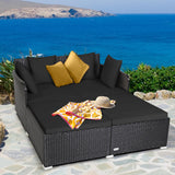 Tangkula Outdoor Rattan Daybed, Wicker Furniture with Spacious Seat, Upholstered Cushion & High-Resilience Sponge, Patio Sofa Set with 4 Pillows, 2-Person Sunbed for Poolside Backyard Garden & Balcony Tangkula