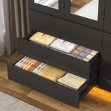 jiteentarou 3 Doors Armoire Wardrobe Closet with 3 Drawers & Mirror, Modern Wooden Bedroom Armoires with Hanging Rod Led Lights for Bedroom, Black jiteentarou