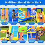 WELLFUNTIME Inflatable Water 3 Slides Park with Blower, Inflatable Bounce House with Climbing Wall, Water Cannon, Dartboard, Flower Sprayer and Deep Pool WELLFUNTIME