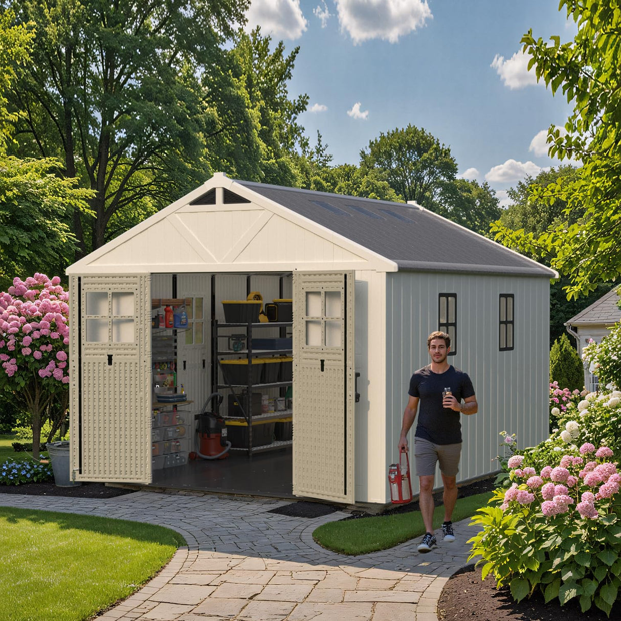 Patiowell 10x12 FT Outdoor Storage Shed with Floor and Lockable Door, All Weather Plastic Shed Garden Shed with Skylight and Multiple Windows for Backyard, Patio, Lawn, Beige Patiowell